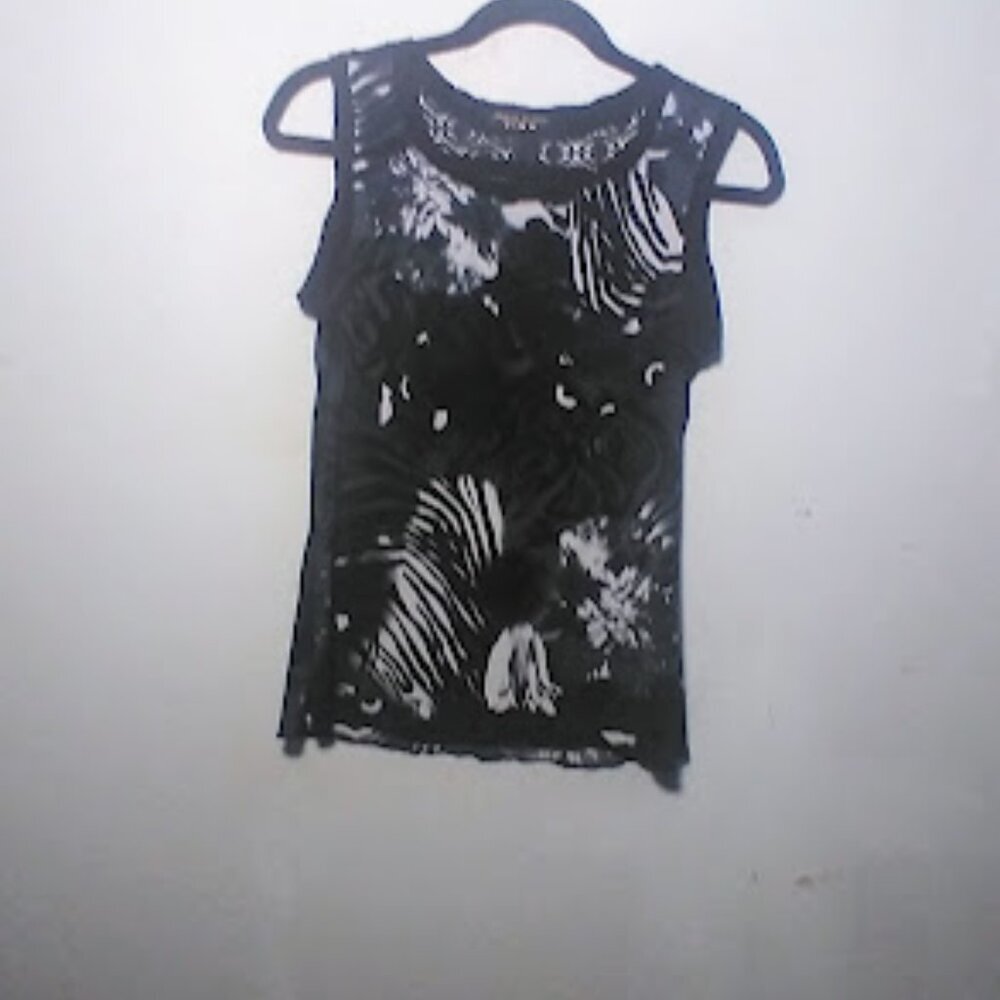 Navy Black and White Sretch Graphic Print Sleeveless Top M